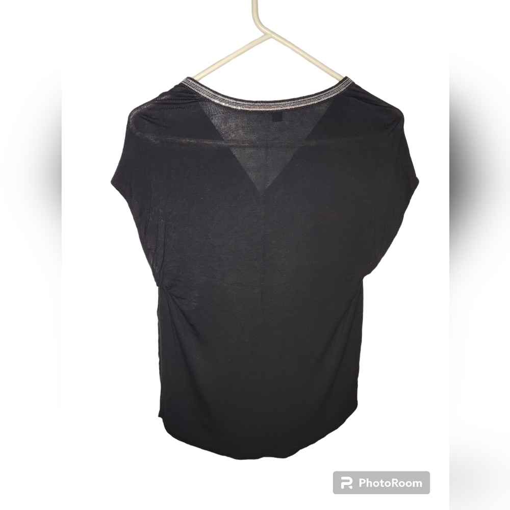 Rock & Republic Black Sequin Trimmed Mixed Media Blouse Size S - Picture 2 of 4